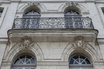 Architectural fragments of beautiful facades on Nantes Quai Turenne. Nantes, Loire Atlantique, France.
