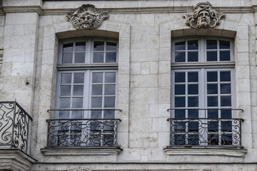 Architectural fragments of beautiful facades on Nantes Quai Turenne. Nantes, Loire Atlantique, France.