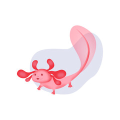 A cute pink axolotl floats in a drop of water and waves its fin. Vector image of a rare amphibian creature.