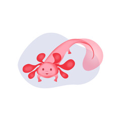 A cute pink axolotl floats in a drop of water and waves its fin. Vector image of a rare amphibian creature.