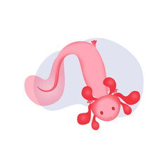 A cute pink axolotl floats in a drop of water and waves its fin. Vector image of a rare amphibian creature.