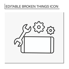 Mobile phone line icon. Repair broken smartphone. Recover by instruments. Maintenance works.Broken things concept. Isolated vector illustration. Editable stroke