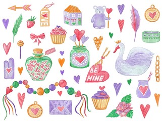 Large watercolor set of illustrations for Valentine's day with hearts, roses, swans and sweets