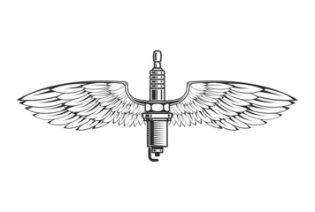 Spark plug with wings, car service logo, engine symbol, vector