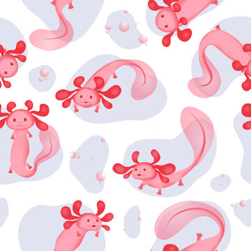 A cute seamless pattern of pink axolotls floating in water drops. A cute pink axolotls floats in a drop of water and waves its fin. Vector image of a rare amphibian creature.