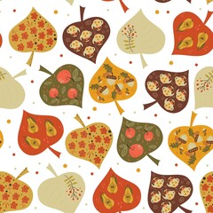 Colored bright tree leaf with ornament on a white background. Seamless pattern. Activities wallpaper for season decoration, wraping paper, clothes prints.Vector illustration.