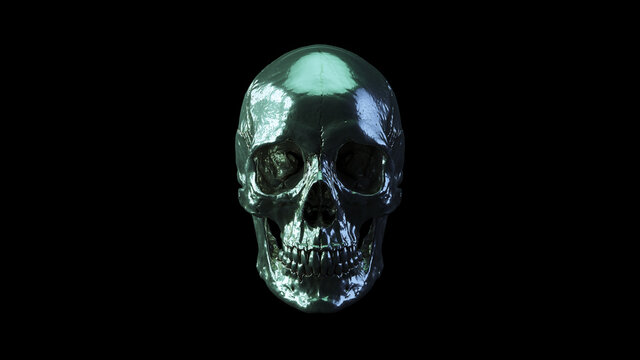Skull Human Silver Reflection Green Blue White Light Sci Fi Halloween Skeleton Jaw 3d illustration render