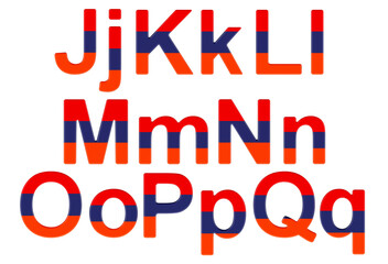 Letters with Armenian flag. J, K, L, M, N, O, P uppercase and lowercase letters. 3D rendering