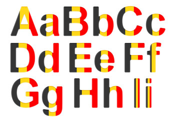 Letters with Belgian flag. A, B, C, D, E, F, G, H, I uppercase and lowercase letters. 3D rendering