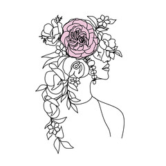 Woman face with butterfly and flowers. Line art female hands with butterflies. One line vector drawing. Portrait minimalistic style. Botanical print. Nature symbol of cosmetics.