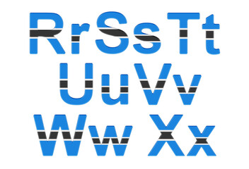 Letters with Botswanian flag. R, S, T, U, V, W, X uppercase and lowercase letters. 3D rendering