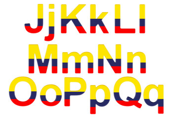Letters with Colombian flag. J, K, L, M, N, O, P uppercase and lowercase letters. 3D rendering