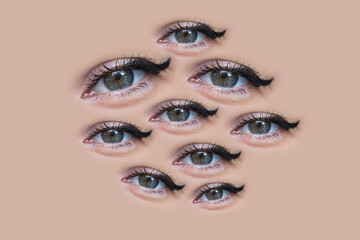 Composition with female green eyes looking at viewer, many eyes staring