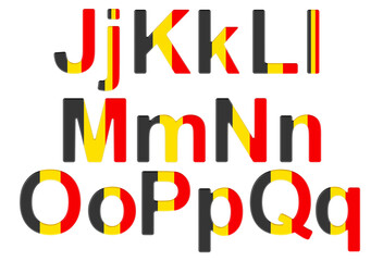 Letters with Belgian flag. J, K, L, M, N, O, P uppercase and lowercase letters. 3D rendering