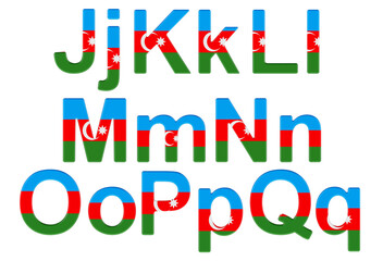 Letters with Azerbaijani flag. J, K, L, M, N, O, P uppercase and lowercase letters. 3D rendering