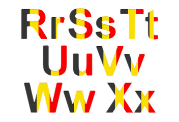 Letters with Belgian flag. R, S, T, U, V, W, X uppercase and lowercase letters. 3D rendering