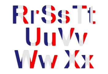 Letters with French flag. R, S, T, U, V, W, X uppercase and lowercase letters. 3D rendering