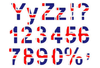 Letters, numbers and punctuation marks with Icelandic flag. Y, Z, 1, 2, 3, 4, 5, 6, 7, 8, 9, 0. 3D rendering