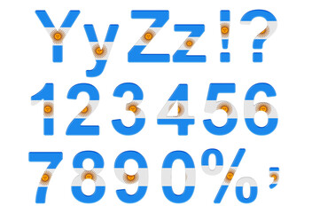 Letters, numbers and punctuation marks with Argentinean flag. Y, Z, ?, !, 1, 2, 3, 4, 5, 6, 7, 8, 9, 0. 3D rendering