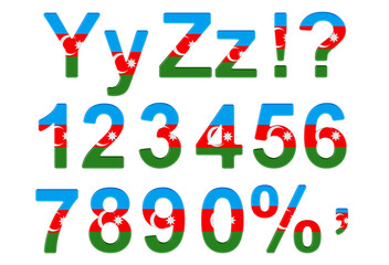 Letters, numbers and punctuation marks with Azerbaijani flag. Y, Z, 1, 2, 3, 4, 5, 6, 7, 8, 9, 0. 3D rendering