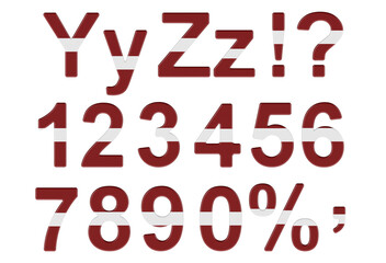 Letters, numbers and punctuation marks with Latvian flag. Y, Z, 1, 2, 3, 4, 5, 6, 7, 8, 9, 0. 3D rendering