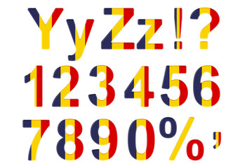 Letters, numbers and punctuation marks with Romanian flag. Y, Z, 1, 2, 3, 4, 5, 6, 7, 8, 9, 0. 3D rendering