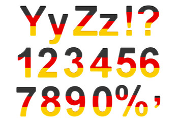 Letters, numbers and punctuation marks with German flag. Y, Z, 1, 2, 3, 4, 5, 6, 7, 8, 9, 0. 3D rendering