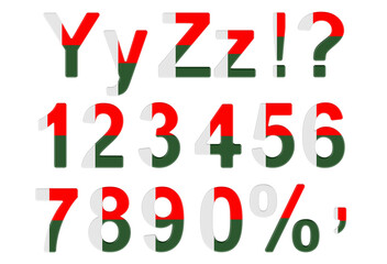 Letters, numbers and punctuation marks with Madagascar flag. Y, Z, 1, 2, 3, 4, 5, 6, 7, 8, 9, 0. 3D rendering