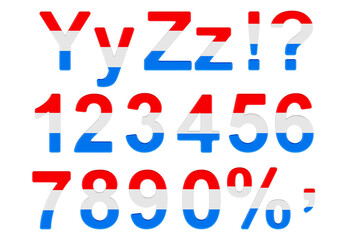 Letters, numbers and punctuation marks with Luxembourgish flag. Y, Z, 1, 2, 3, 4, 5, 6, 7, 8, 9, 0. 3D rendering