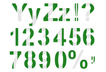 Letters, numbers and punctuation marks with Nigerian flag. Y, Z, 1, 2, 3, 4, 5, 6, 7, 8, 9, 0. 3D rendering
