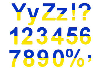 Letters, numbers and punctuation marks with Ukrainian flag. Y, Z, 1, 2, 3, 4, 5, 6, 7, 8, 9, 0. 3D rendering
