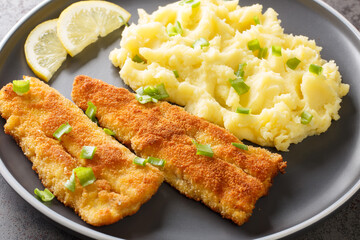 Fried fish fillet and mashed potatoes, lemon close-up in a plate on the table. horizontal