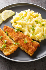 Breaded fried fish and mashed potatoes and lemon close-up in a plate on the table. vertical