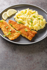 Breaded fish with a side dish of mashed potatoes and lemon close-up in a plate on the table. vertical