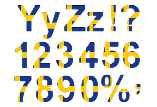 Letters, numbers and punctuation marks with Swedish flag. Y, Z, 1, 2, 3, 4, 5, 6, 7, 8, 9, 0. 3D rendering