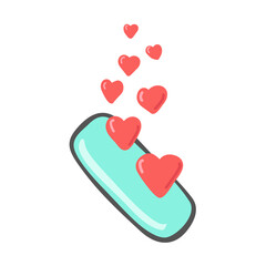 Smartphone. Hearts fly up from the smartphone. It is isolated on white background in cartoon style.