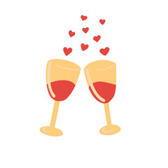 Vector illustration of two glasses. Red wine poured into glasses. Little hearts go up. It is isolated on white background in cartoon style.