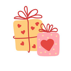 Gift boxes. They are decorated with hearts. It is isolated on white background in cartoon style.
