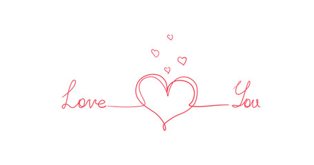 Red decorative hand drawn inscription with hearts and lines. Vector holiday greeting illustration for different holidays.