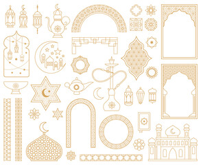 Traditional arabic muslim oriental gold decorative elements. Arabic mosque, arch, hookah, eastern lantern, patterned borders vector illustration set. Oriental arabic symbols - obrazy, fototapety, plakaty