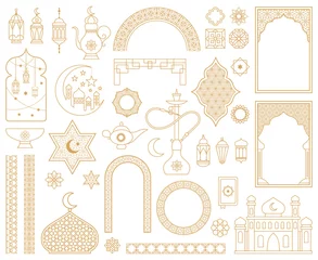 Fotobehang Traditional arabic muslim oriental gold decorative elements. Arabic mosque, arch, hookah, eastern lantern, patterned borders vector illustration set. Oriental arabic symbols © WinWin