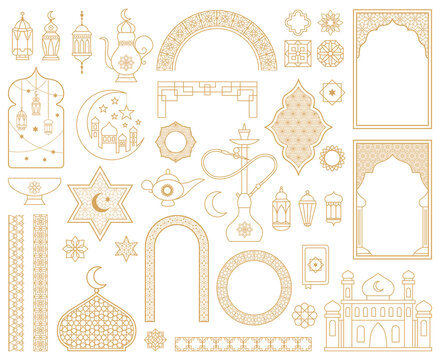 Traditional arabic muslim oriental gold decorative elements. Arabic mosque, arch, hookah, eastern lantern, patterned borders vector illustration set. Oriental arabic symbols