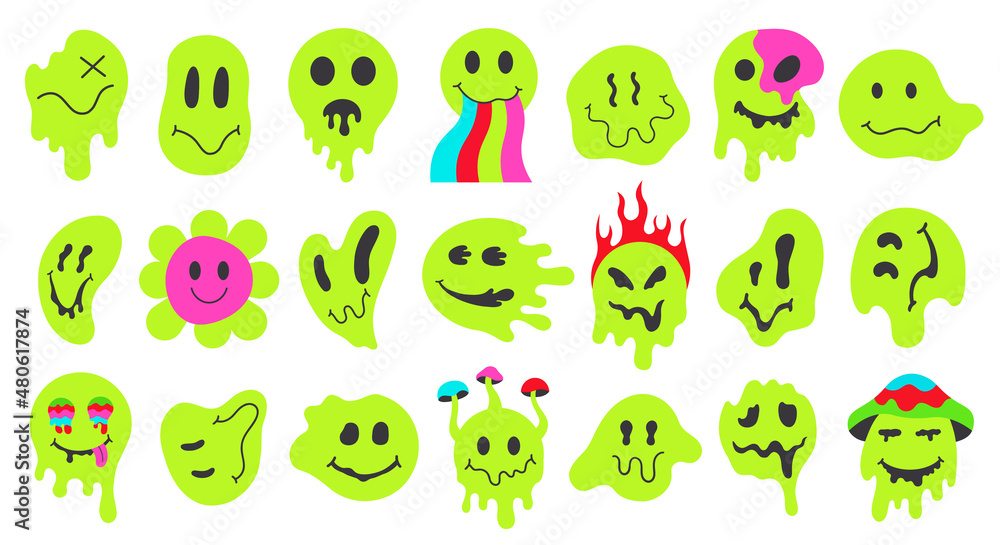 Poster Neon melting smiling faces, retro doodle dripping smile emoji. Psychedelic groovy characters, graffiti smile emoji face vector illustration set. Funny emoji face mascots