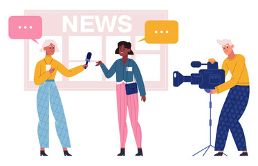 News broadcasting, reporter take interview with reportage hero. Journalist and operator recording news, interviewing celebrity person vector illustration. Mass media workflow