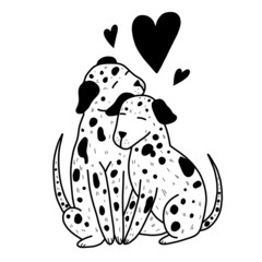 Flat illustration of two dogs. Dalmatians black and white hand drawn illustration. Doodle valentine's day
