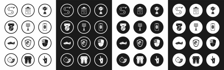 Set Award cup and American football ball, Football with medal, Planning strategy concept, Smartphone american the screen, club logo template and Soccer or shoes spikes icon. Vector