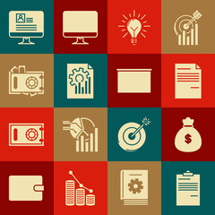 Set Document, Money bag, Light bulb with rays shine and concept of idea, graph chart, Safe money, Computer monitor resume and Chalkboard icon. Vector