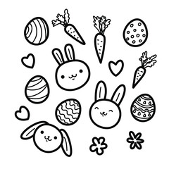 Hand drawn Easter doodle. Easter bunny, eggs, traditional decorations. Spring April seasonal doodle. Vector graphic line art illustration on a white background.