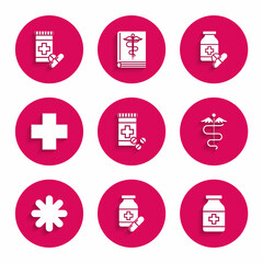 Set Medicine bottle and pills, Caduceus snake medical symbol, Cross hospital, and icon. Vector