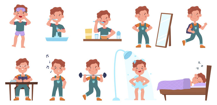 Boy daily routine activities, little guy sleep and wake schedule. Little boy eating, sleeping and reading scenes vector illustration set. Kid daily life schedule